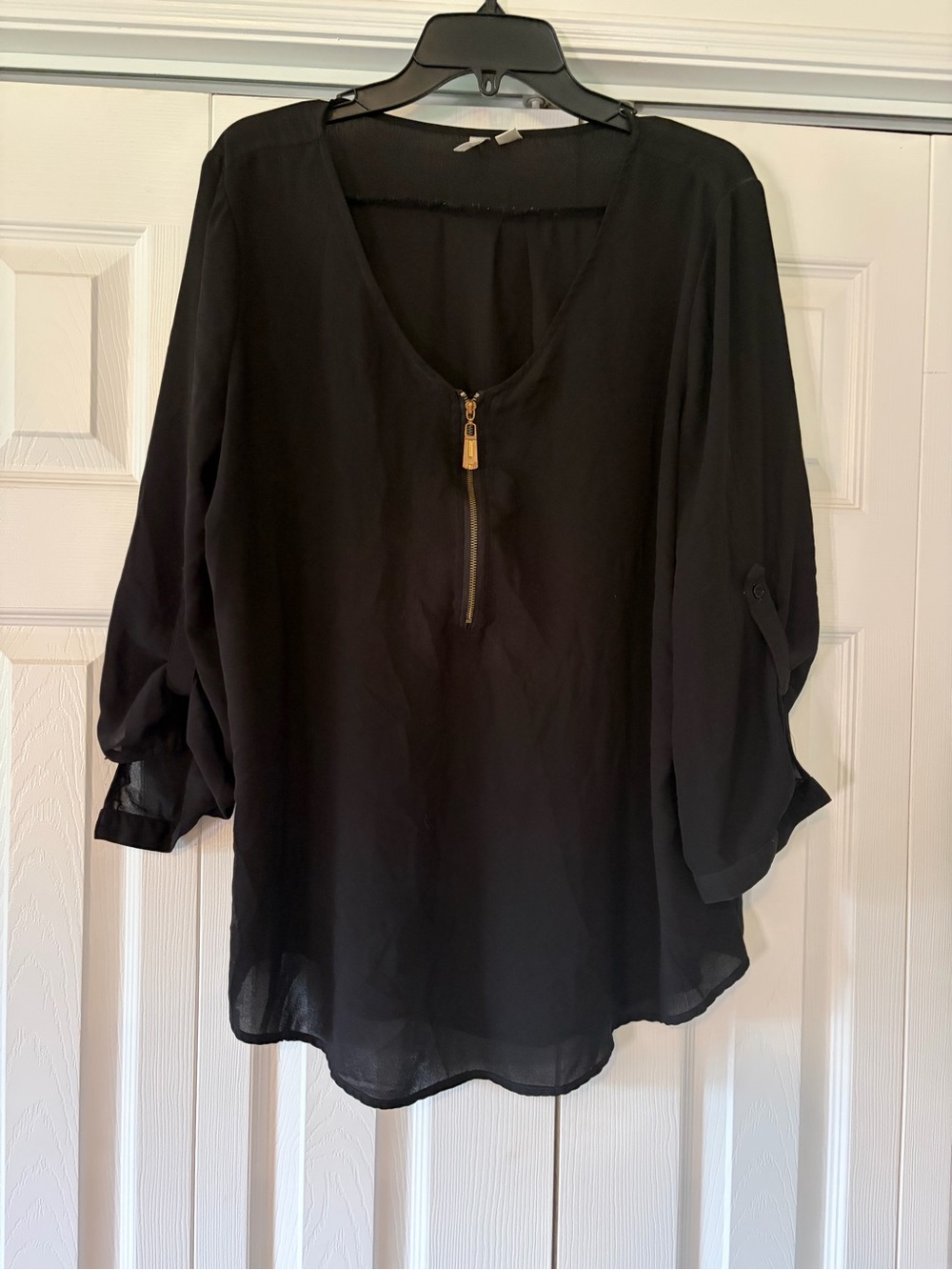 Tacera Black Zip-Front Roll-Sleeve Blouse